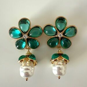 Elegant Green and Gold Floral Earrings